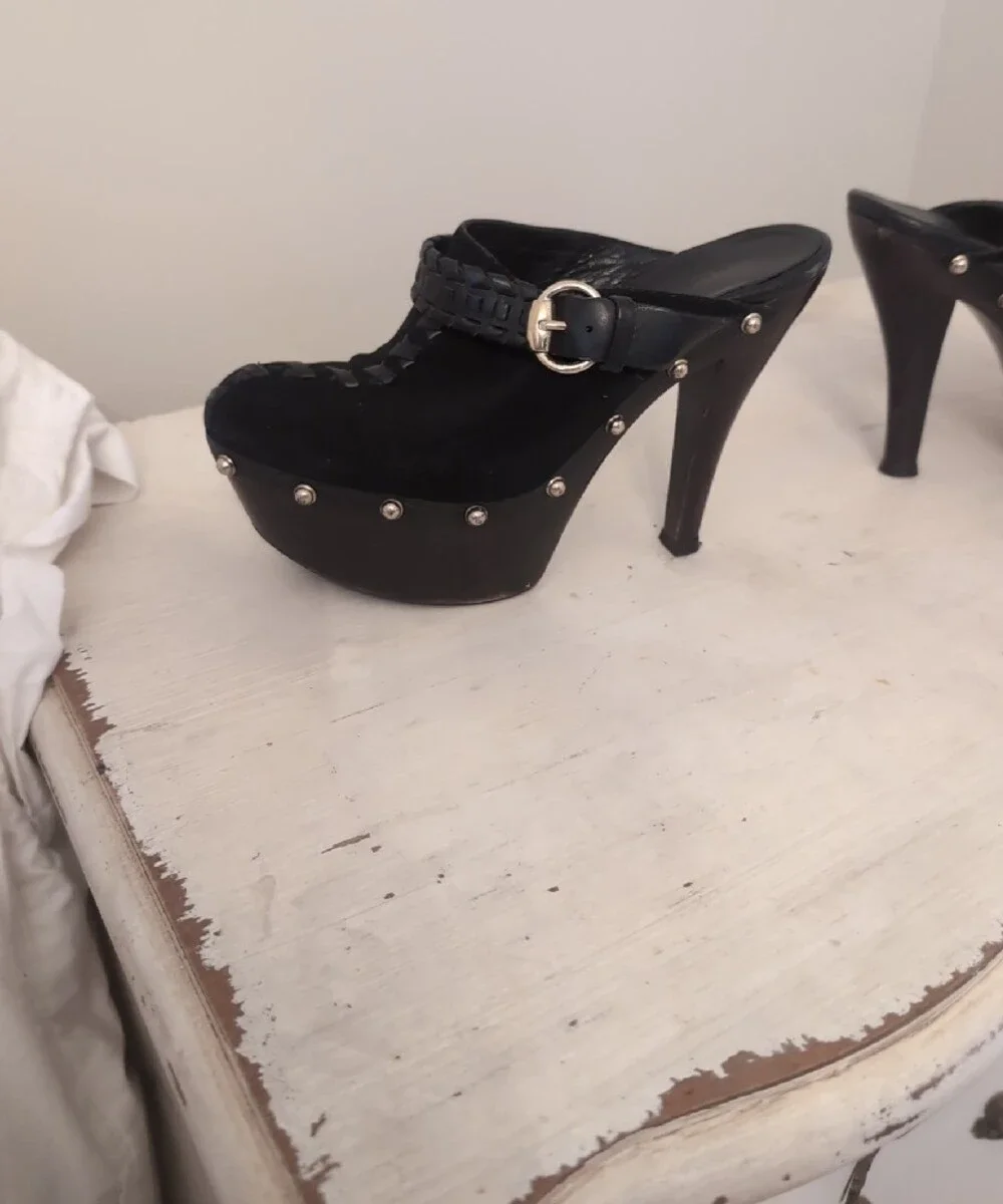 Gucci Black Studded Suede Platform Mule Heels